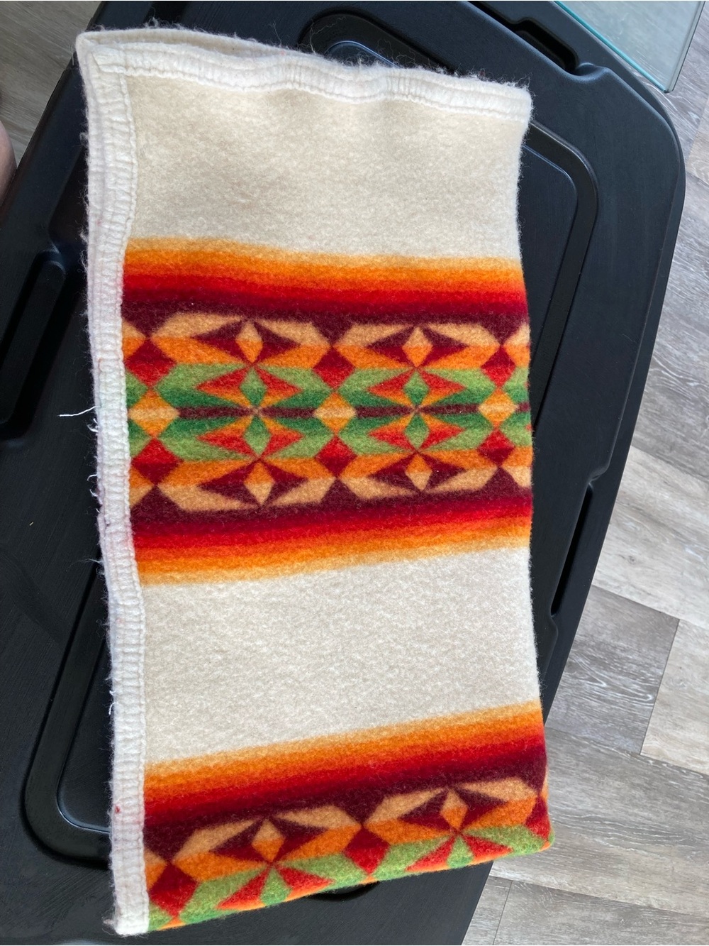Cream Wool Accent Throw with Red, Orange & Green Geometric Bands
